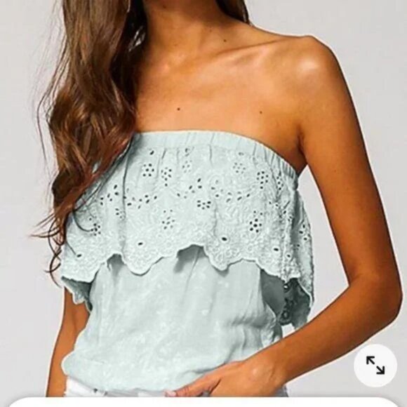 Young Fabulous and Broke Caicos Eyelet Casual Strapless Chic Top in Mint Green - Picture 1 of 8